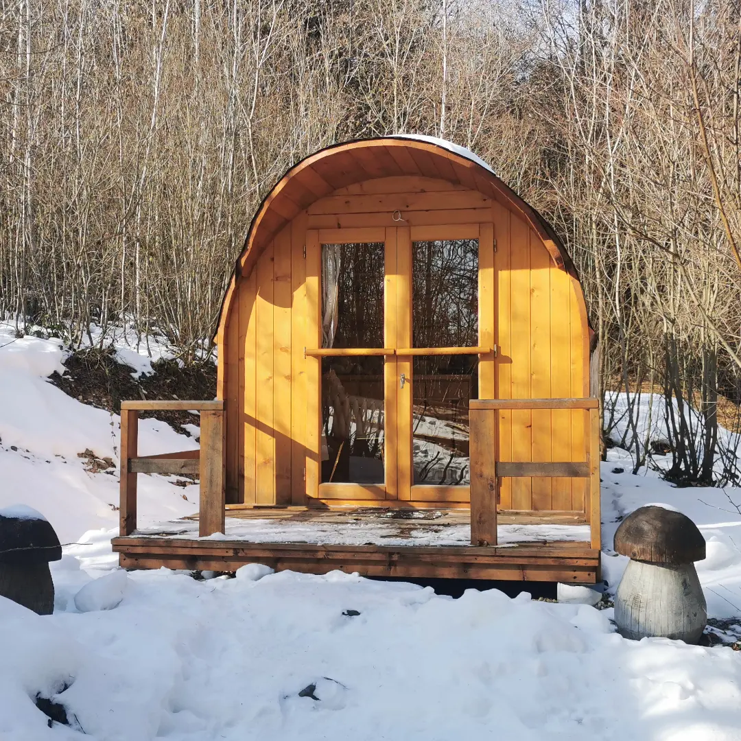 mini house in winter snow
