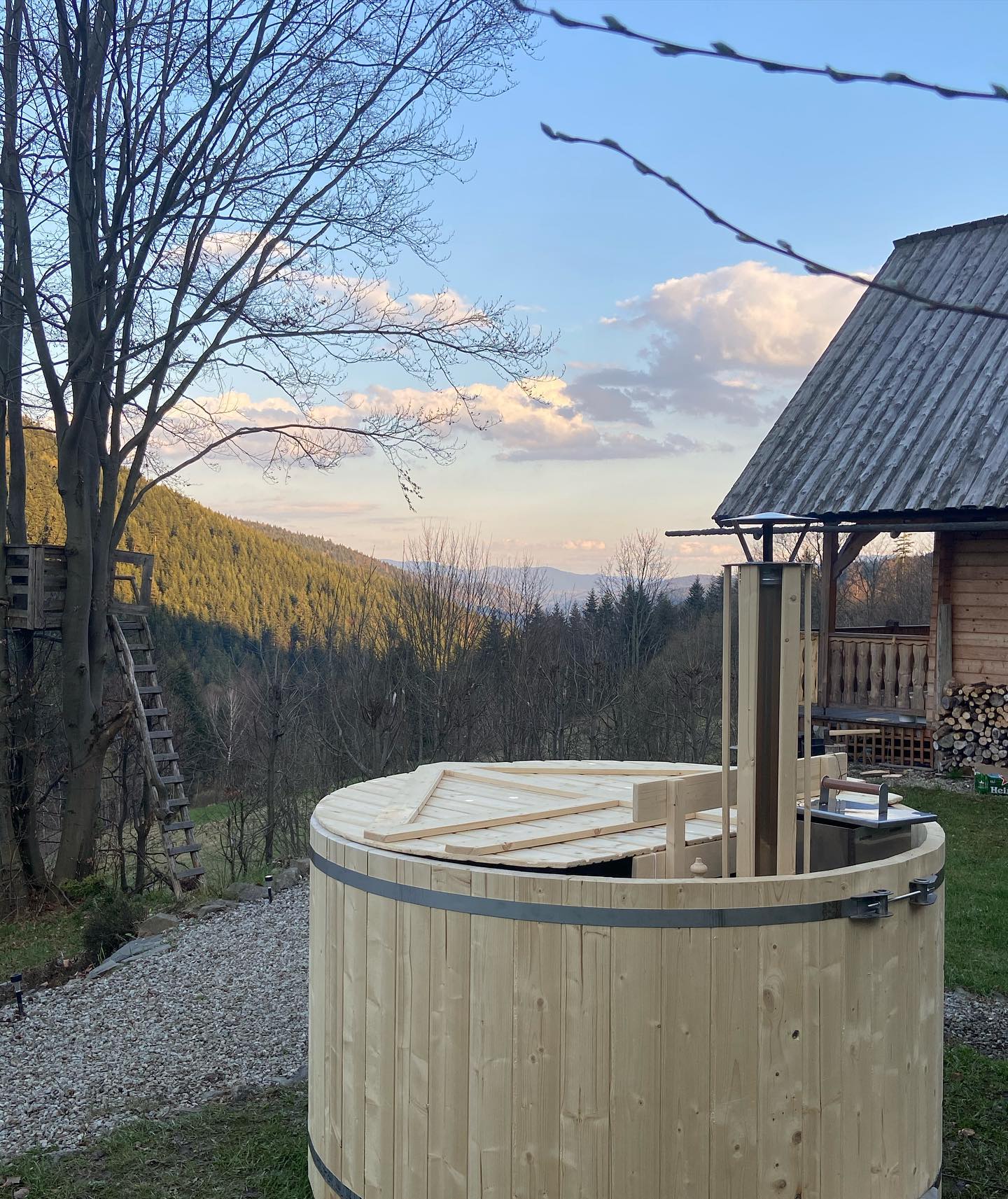 forest hot tub with mountain view